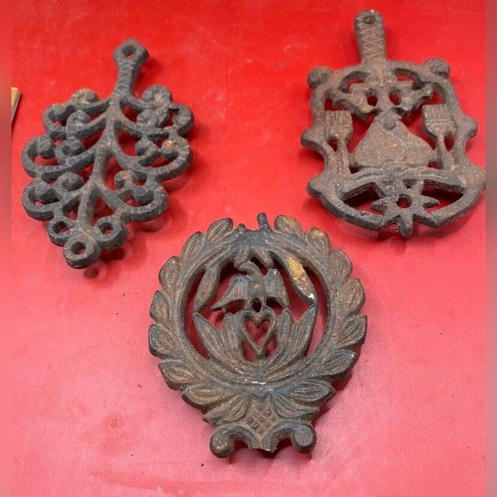 Set Of 3 Small Vintage 1950’s Cast Iron Trivets 3.5-5”